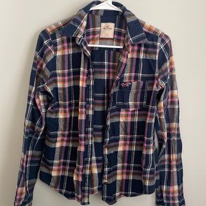 Hollister Plaid Navy Pink White Yellow Teal Flannel long sleeve button down- M